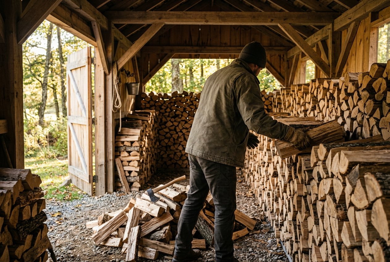 Укладка запаса в дровник в Жуковском, берёза камерной сушки